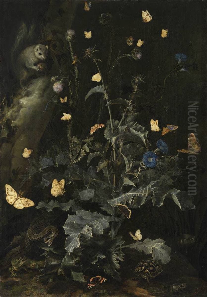 Forest floor still life with thistle and rodent Oil Painting by Otto Marseus van Schrieck