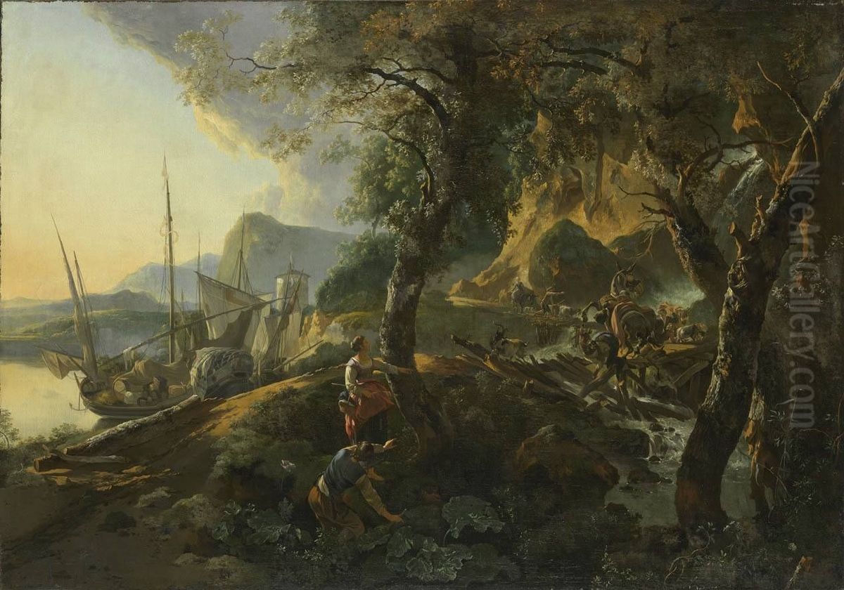 Landscape with collapsing Bridge Oil Painting by Adam Pynacker