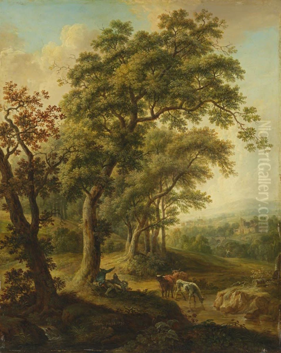 Landschaft mit Viehtranke Oil Painting by Christian Georg Schutz