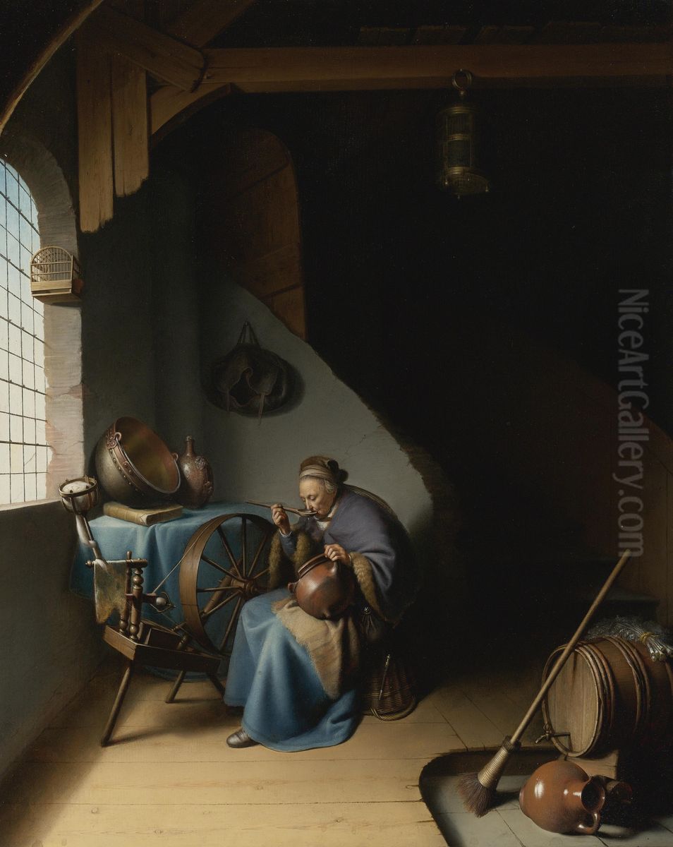 Old woman eating porridge near a spinning wheel in an interior Oil Painting by Gerrit Dou