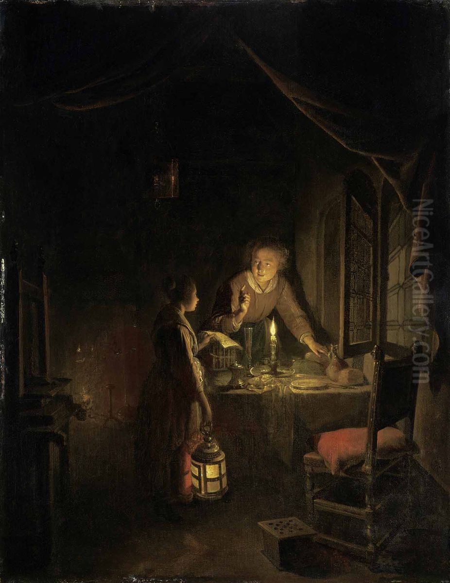 A Woman engaged at the Supper-table Oil Painting by Gerrit Dou