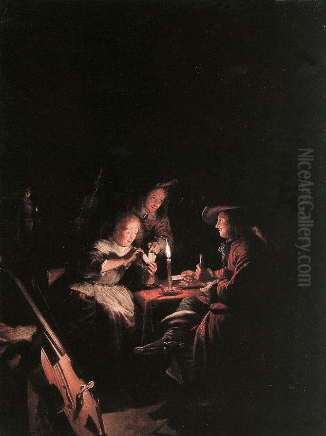 Card players by candlelight Oil Painting by Gerrit Dou