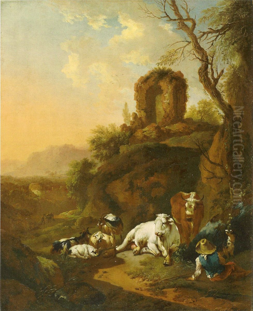 Bukolische Landschaft mit Ruinen Oil Painting by Christian Wilhelm Ernst Dietrich