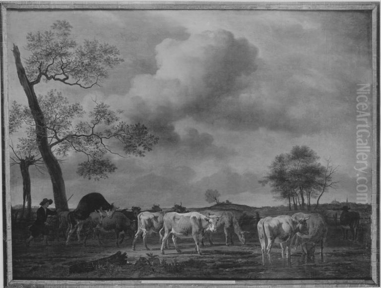 Hirt mit Rinderherde Oil Painting by Adriaen Van De Velde