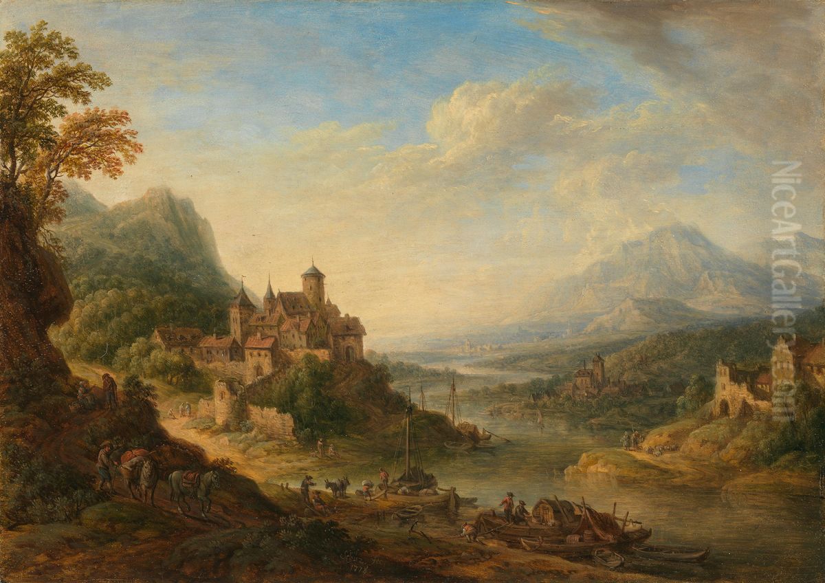 Flusslandschaft mit befestigter Stadt Oil Painting by Christian Georg Schutz