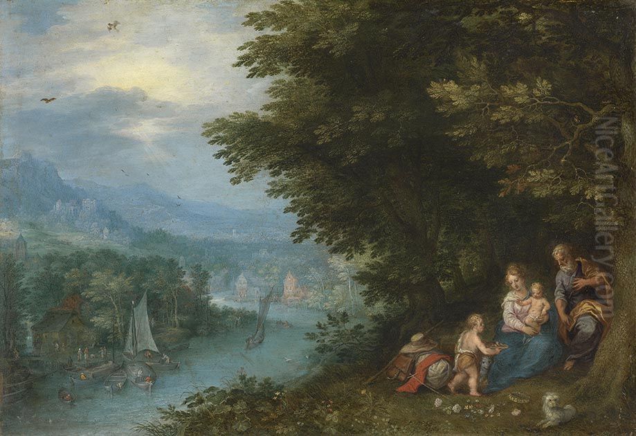 Flusslandschaft mit der Ruhe auf der Flucht Oil Painting by Jan Brughel