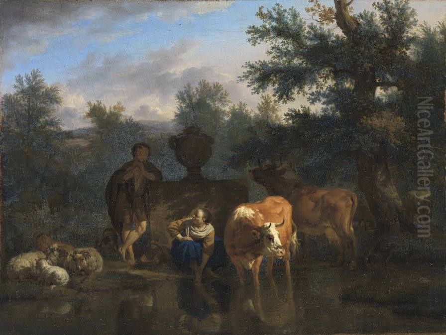 Landschaft mit Vieh und Hirten Oil Painting by Adriaen Van De Velde