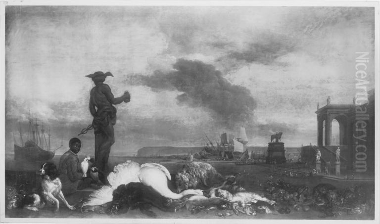 Jagdbeutestillleben auf der Mole eines Seehafens Oil Painting by Jan Weenix