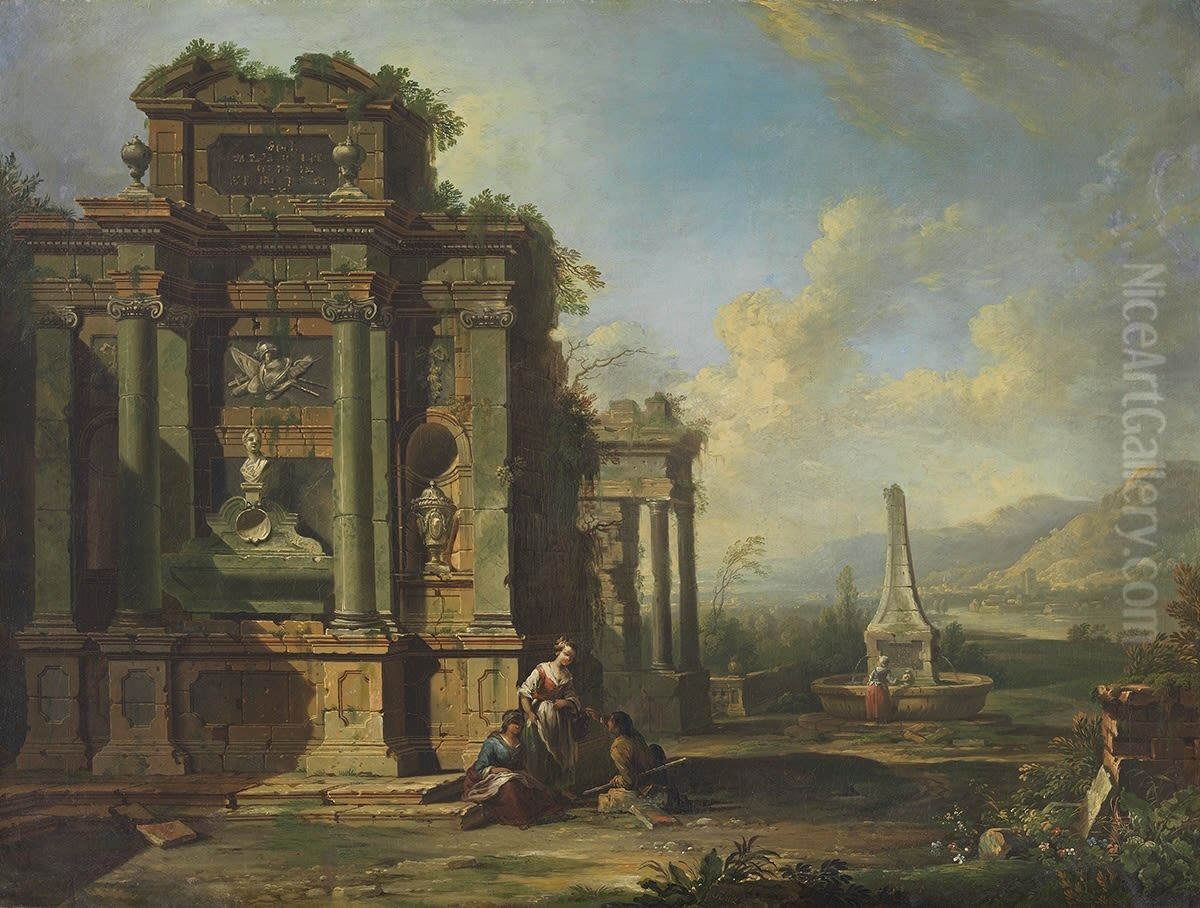 Ruinenlandschaft mit Grabmal und Brunnen Oil Painting by Christian Georg Schutz