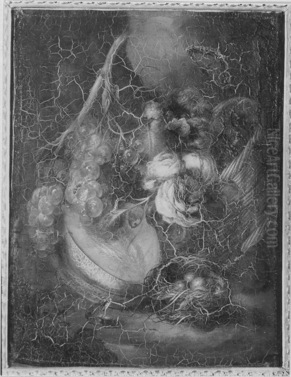 Stillleben mit Fruchten, Blumen und Vogelnest Oil Painting by Catharina Treu