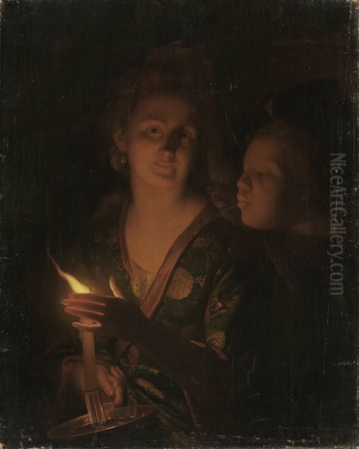 Ein Junge versucht einem Madchen die Kerze auszublasen Oil Painting by Godfried Schalcken