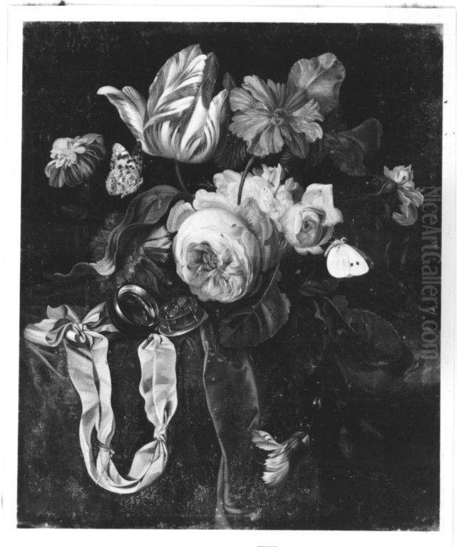Blumenstillleben mit Uhr, Schmetterlingen und Insekten Oil Painting by Willem Van Aelst