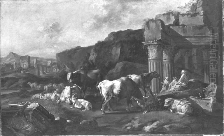 Italienische Landschaft mit Ruine des Vespasiantempels Oil Painting by Johann Heinrich Roos