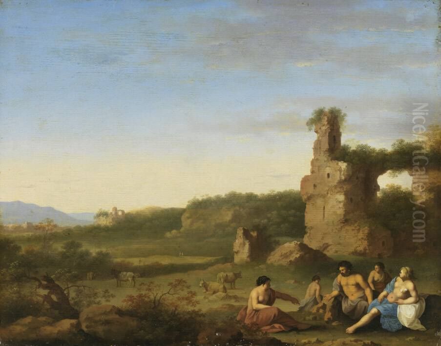Italienische Landschaft mit Ruinen und Staffage Oil Painting by Cornelius van Poelenburgh