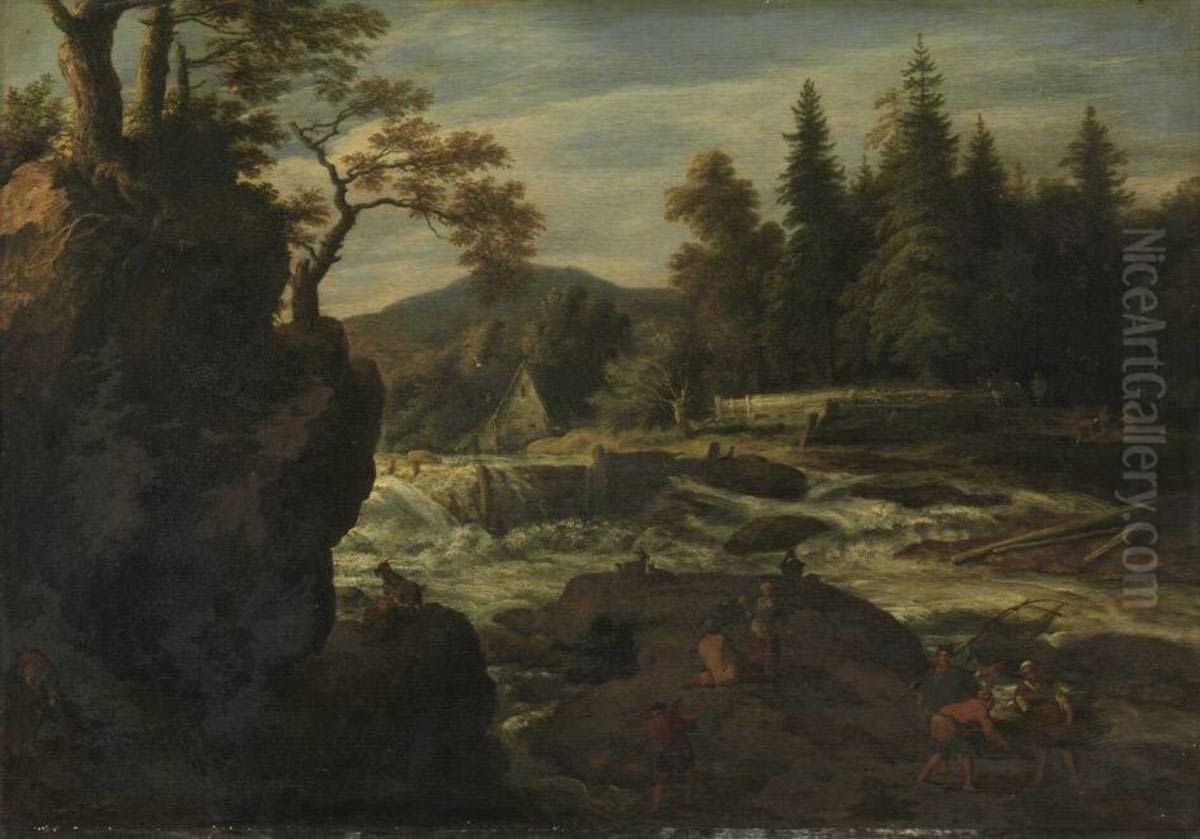 Landschap met waterval Oil Painting by Allaert van Everdingen