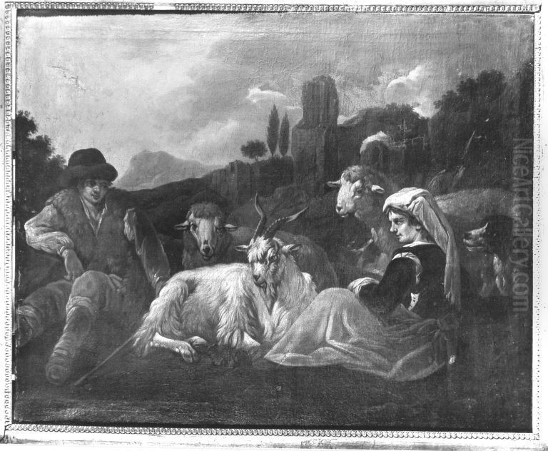 Hirtenpaar und Kleinvieh in italienischer Landschaft Oil Painting by Philipp Peter Roos