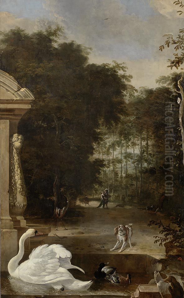 Vogelpark mit Schwan und Hund Oil Painting by Melchior D'Hondecoeter
