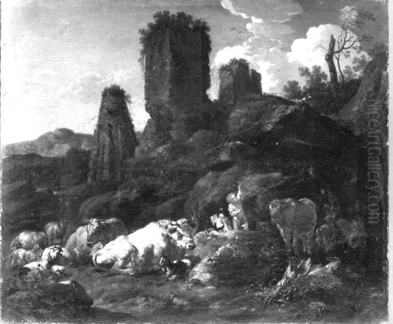 Ruhende Hirtin und Viehherde vor Felsen und Ruinen Oil Painting by Johann Heinrich Roos