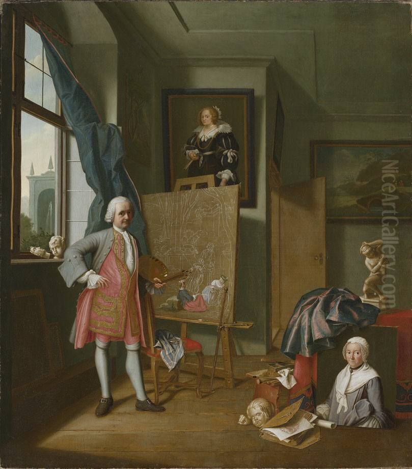 Self-portrait in the artist's atelier Oil Painting by Peter Jacob Horemans