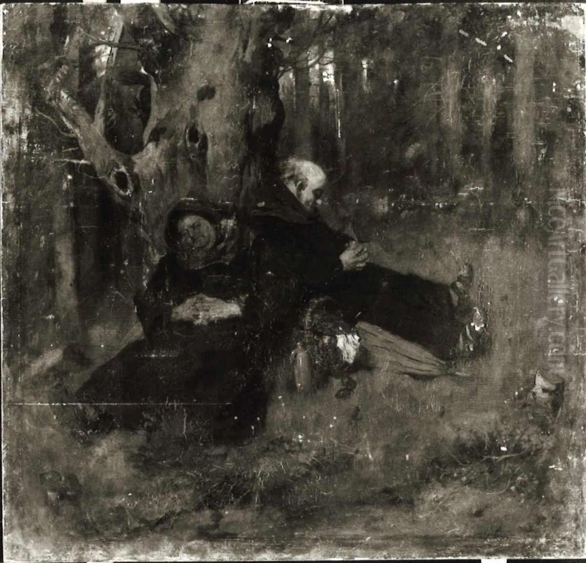 Waldidyll (Zwei schlafende Monche) Oil Painting by Adolf Hengeler