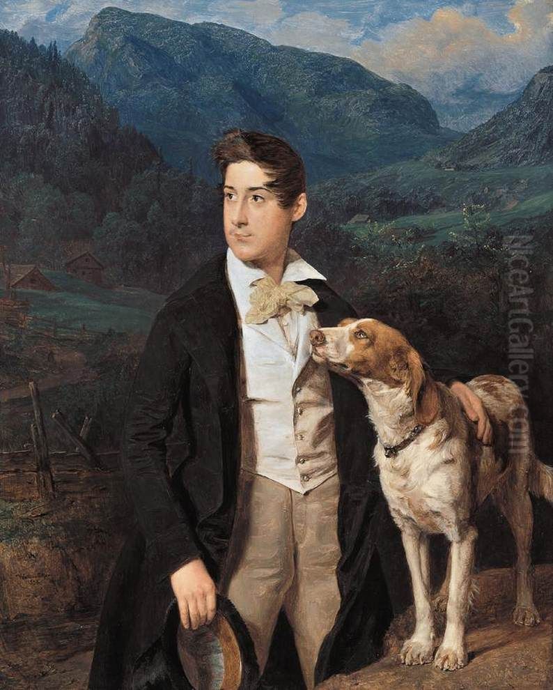 Waldmullers Sohn Ferdinand mit Hund Oil Painting by Ferdinand Georg Waldmuller