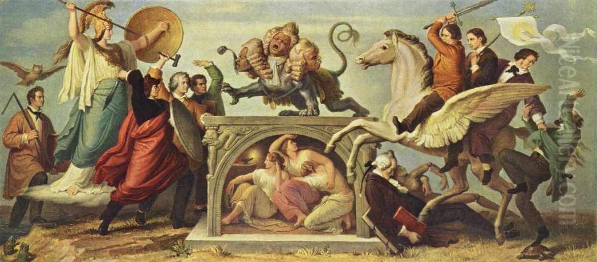 Entwurfe zu Fresken an der Neuen Pinakothek, Szene: Kampf gegen die Chimare der Peruckenzeit Oil Painting by Wilhelm von Kaulbach