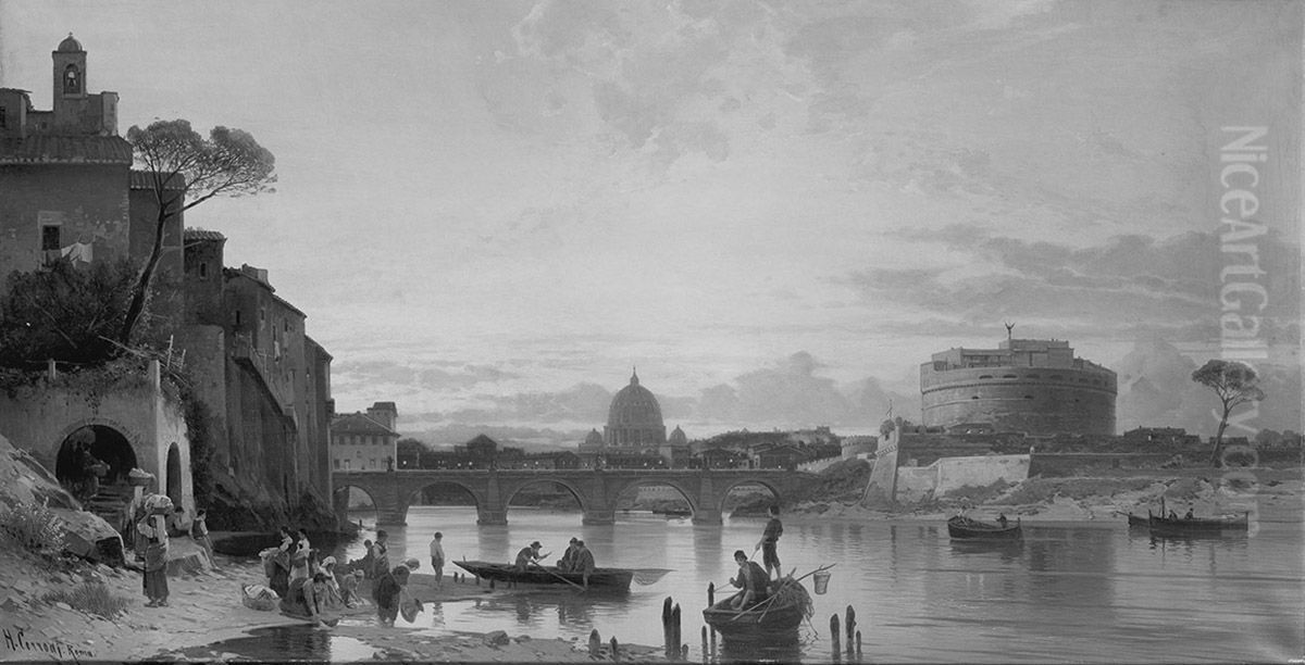Blick auf den Tiber in Rom bei Abendstimmung Oil Painting by Hermann David Solomon Corrodi
