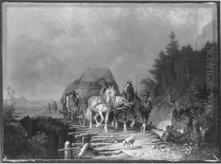 Erntewagen auf einer Holzbrucke Oil Painting by Heinrich Burkel