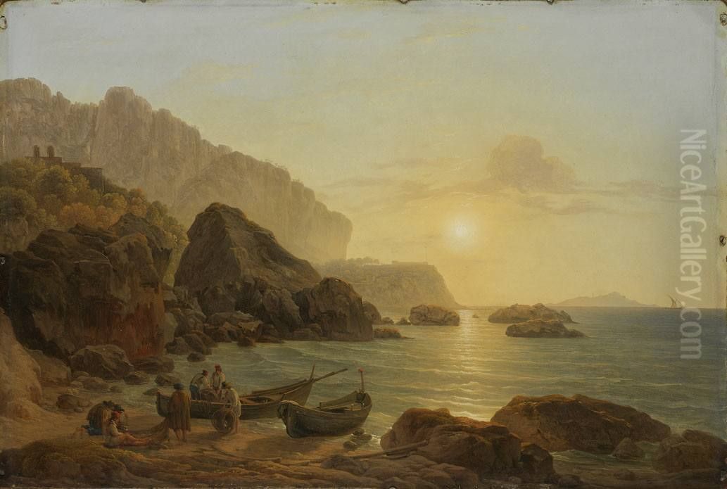 Kuste von Capri bei Sonnenuntergang Oil Painting by Josef Rebell