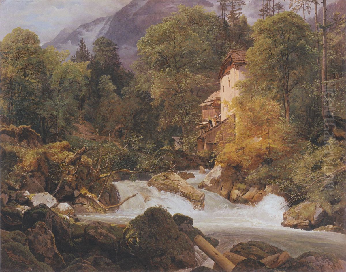 Mill at the outlet of the Konigssee Oil Painting by Ferdinand Georg Waldmuller
