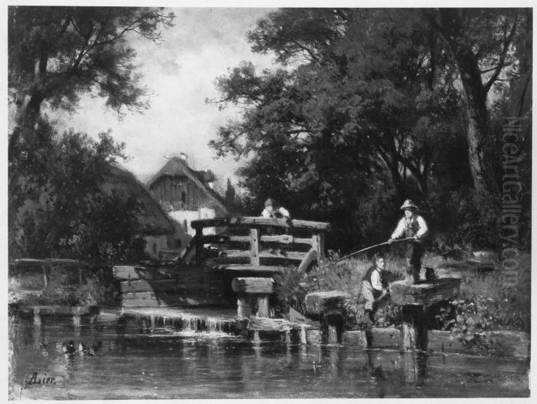 Schleuse vor dem Dorf Oil Painting by Adolf Heinrich Lier