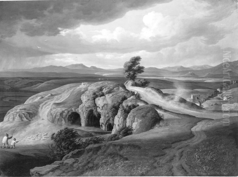 Campagnalandschaft mit Felsenhohle und Brucke Oil Painting by Johann Christian Reinhart