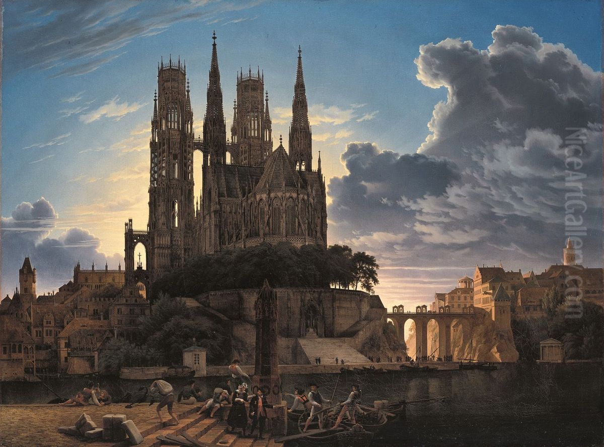 Cathedral over a city / Medieval Town by Water Oil Painting by Karl Eduard Biermann