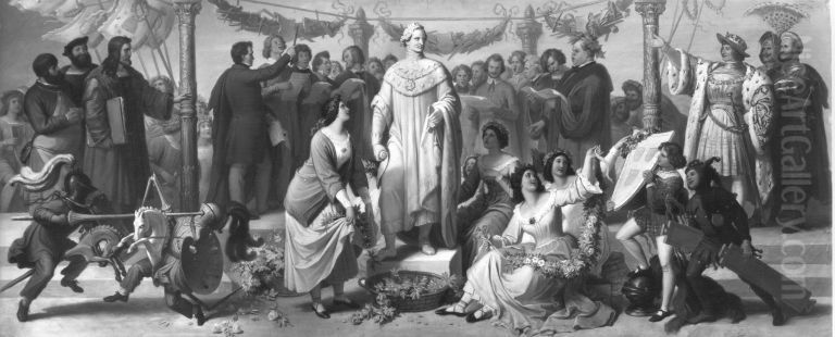 Ein Kunstlerfest, wobei das Standbild Konig Ludwigs I. bekranzt wird Oil Painting by Wilhelm von Kaulbach