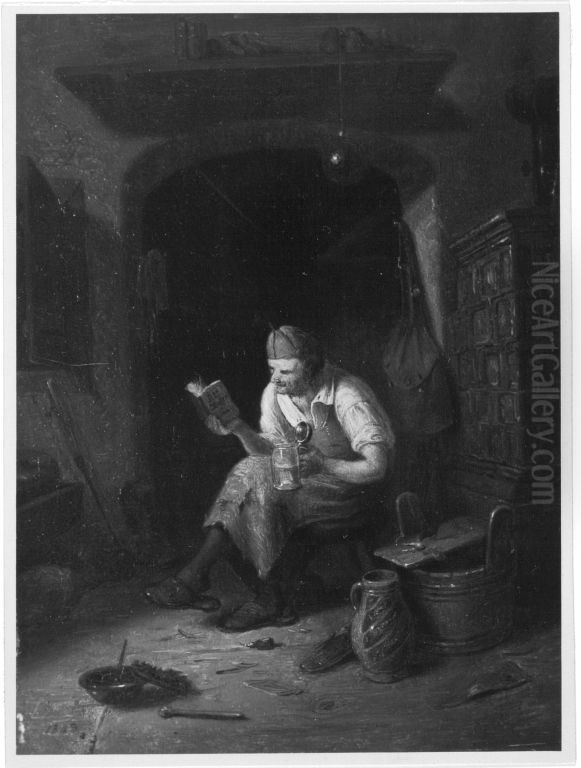 Ein Schuhmacher, welcher die Wasserheilkunst studiert Oil Painting by Karl Von Enhuber