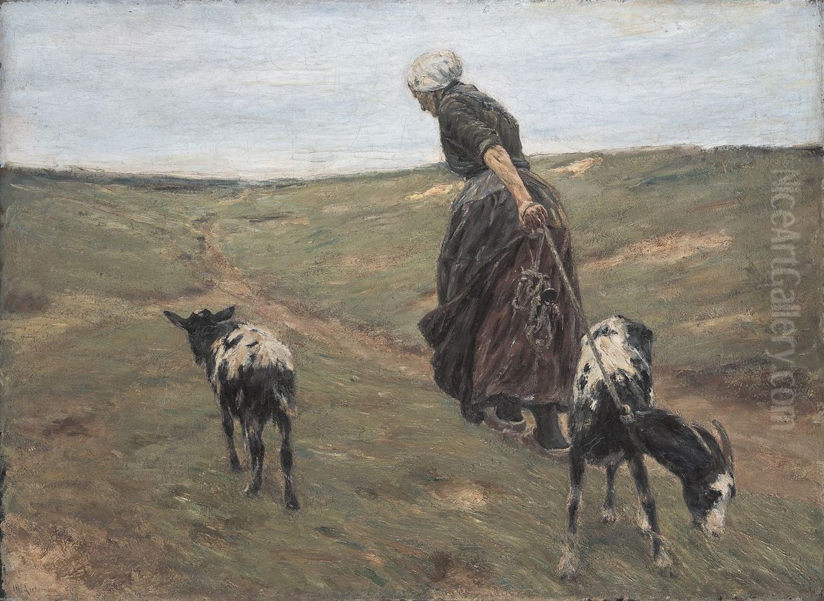 Frau mit Geissen in den Dunen Oil Painting by Max Liebermann