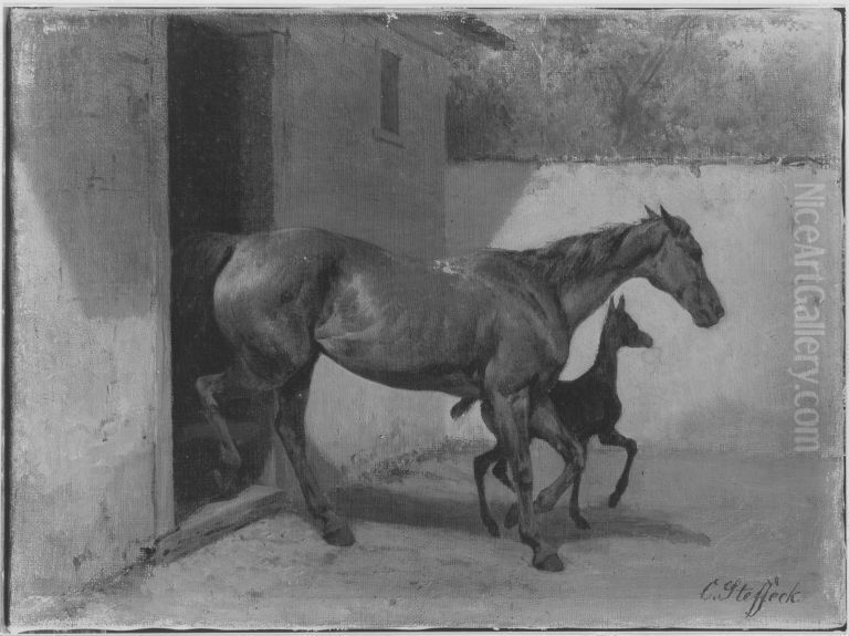 Stute mit Fohlen Oil Painting by Carl Steffeck