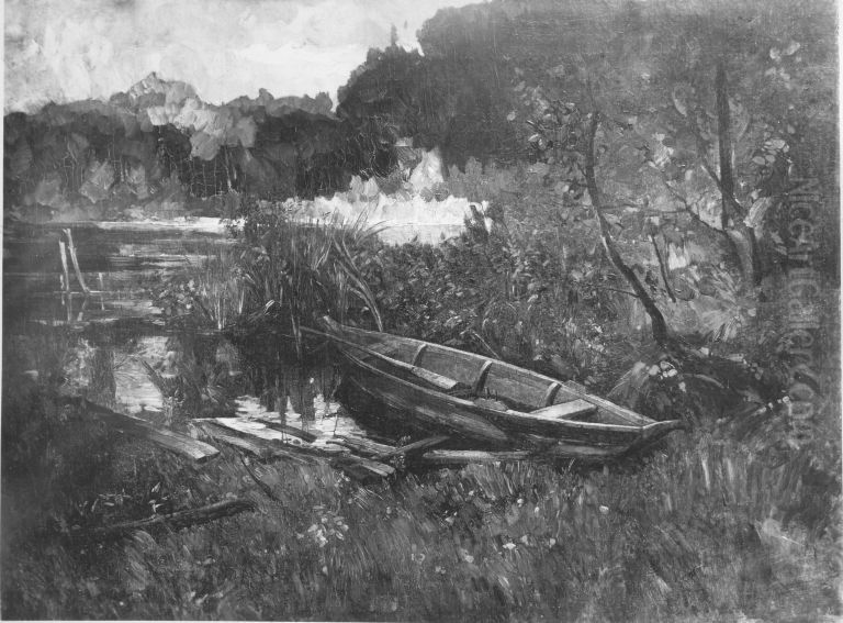 Landschaft bei Ferch (Seeufer mit Kahn) Oil Painting by Karl Hagemeister