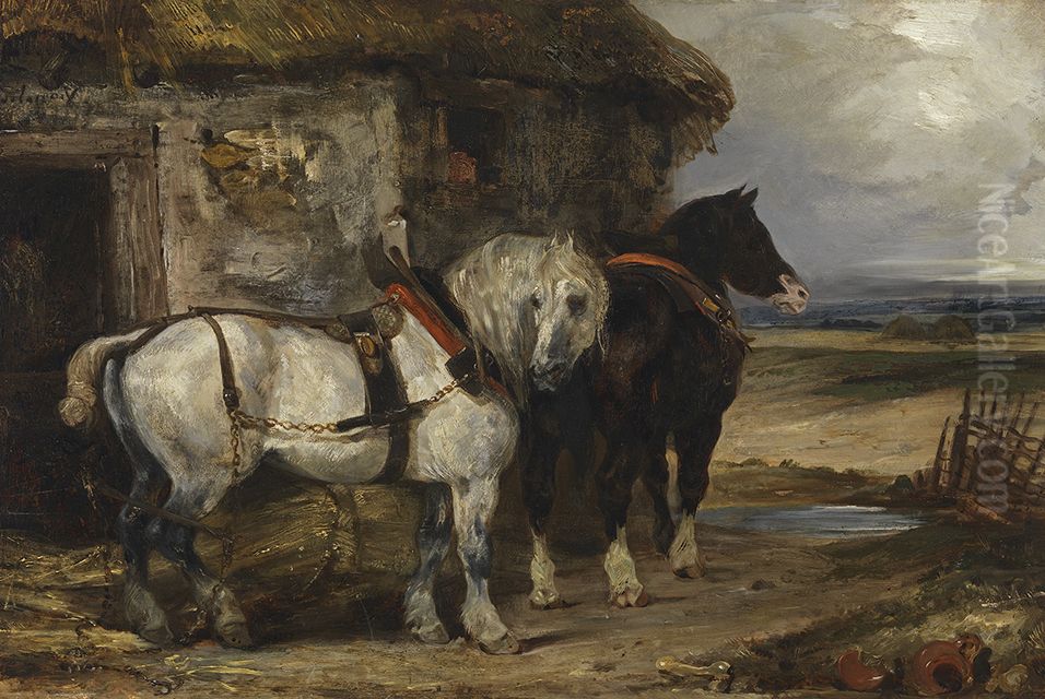 Two Farm Horses by a Barn Oil Painting by Eugene Delacroix