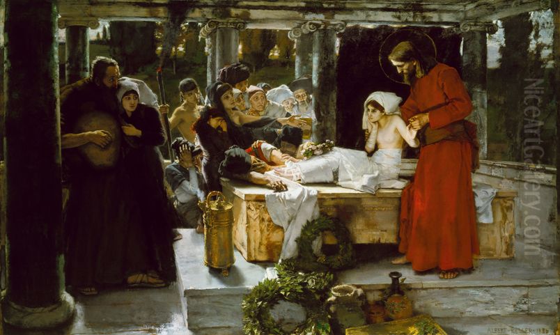 Die Erweckung der Tochter des Jairus Oil Painting by Albert von Keller