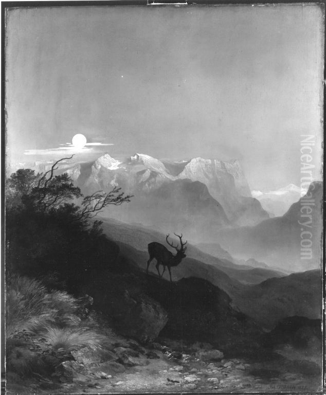 Das Tennengebirge bei Mondschein Oil Painting by Johann Fischbach