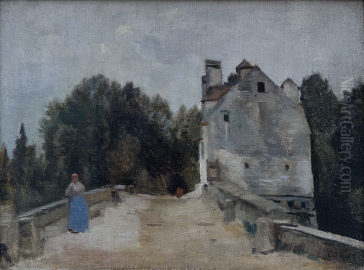 Brucke und Muhle bei Mantes Oil Painting by Jean-Baptiste Camille Corot