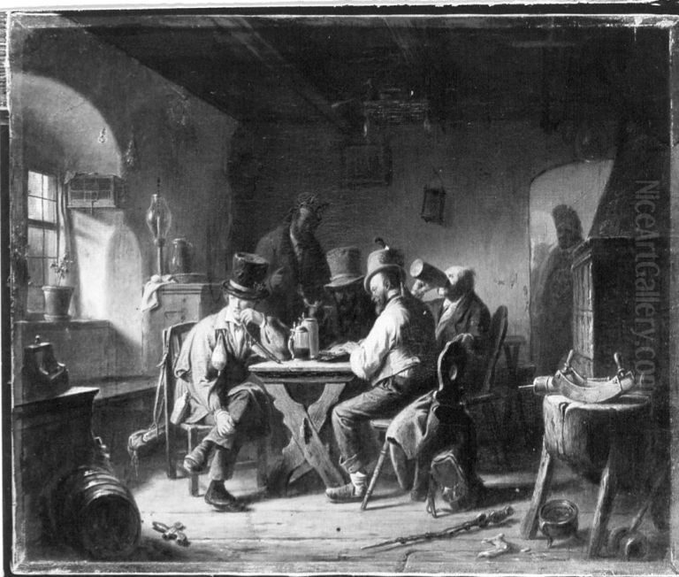 Handwerksburschen in einem Wirtshaus Oil Painting by Karl Von Enhuber