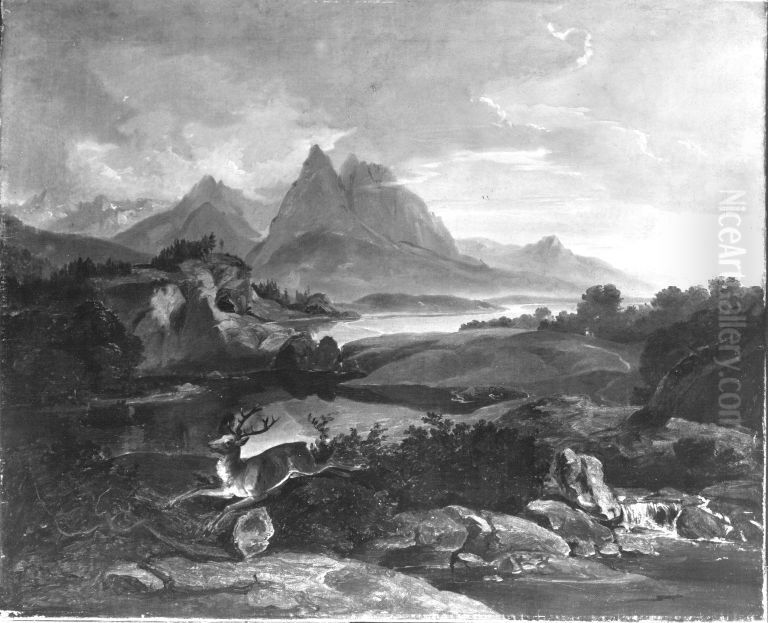 Gebirgslandschaft mit fliehendem Hirsch Oil Painting by Carl Rottmann