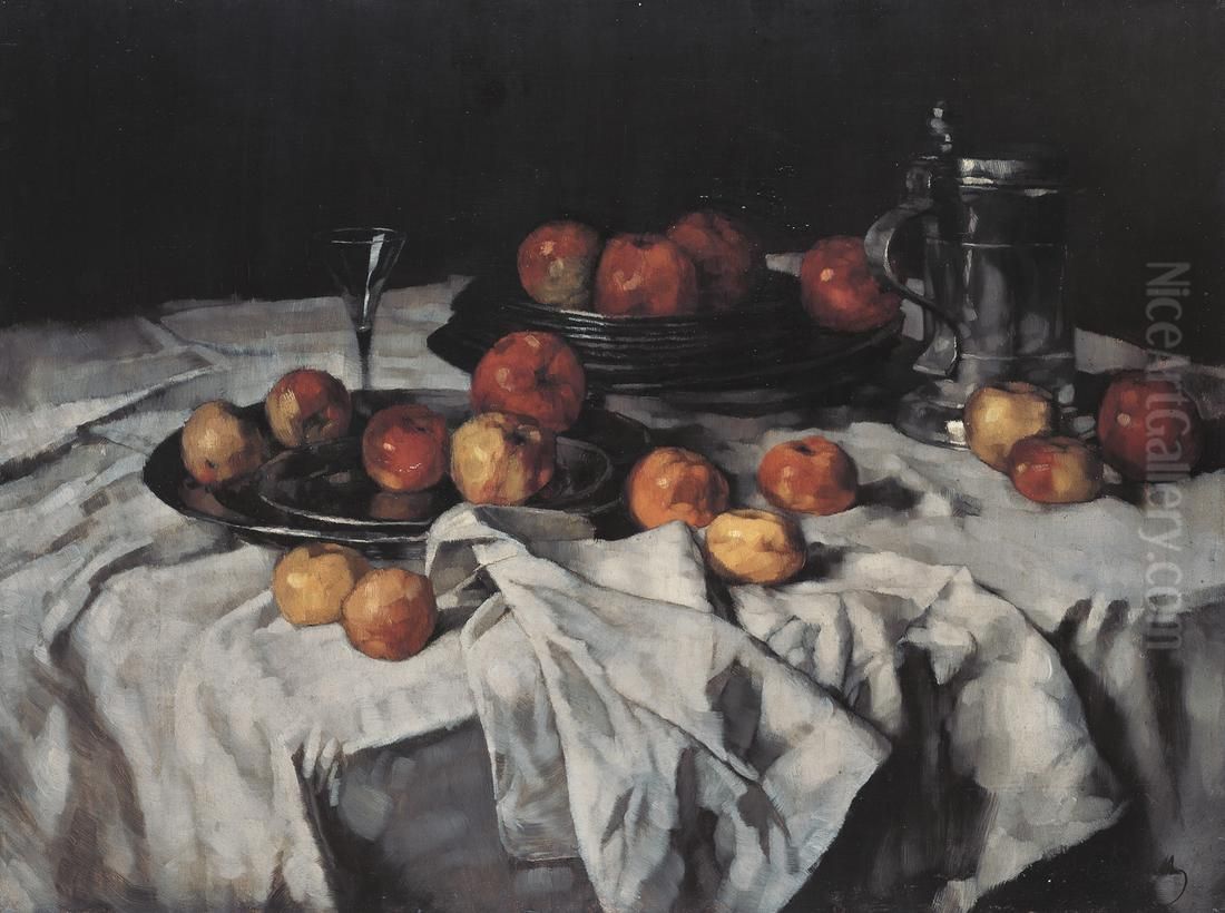 Still Life with Apples, Wine-Glass and Pewter Jug Oil Painting by Carl Schuch