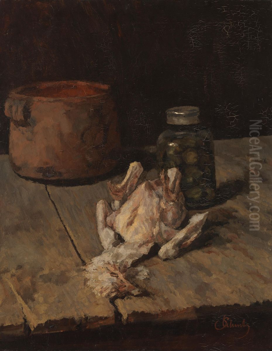 Stillleben mit gerupftem Huhn Oil Painting by Carl Schuch