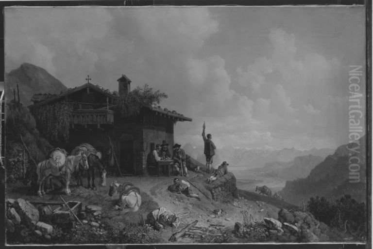 Die Kneipe auf dem Joch Oil Painting by Heinrich Burkel