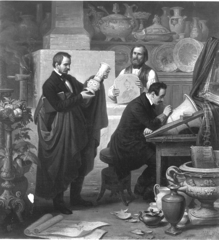 Ein innerer Raum der Porzellanmalereianstalt in Munchen, in welchem der Inspektor und einige Kunstler beschaftigt sind Oil Painting by Wilhelm von Kaulbach