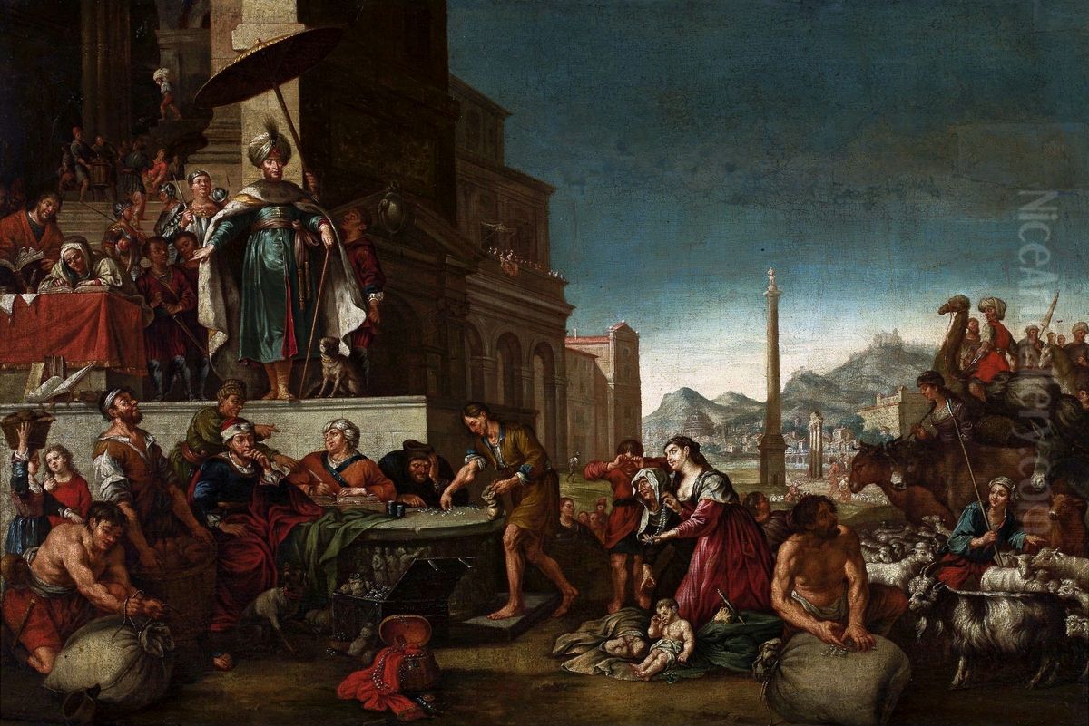 Joseph selling grain Oil Painting by Bartholomeus Breenberghor workshop