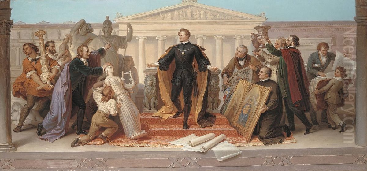 Konig Ludwig I., umgeben von Kunstlern und Gelehrten, steigt vom Thron, um die ihm dargebotenen Werke der Plastik und Malerei zu betrachten Oil Painting by Wilhelm von Kaulbach